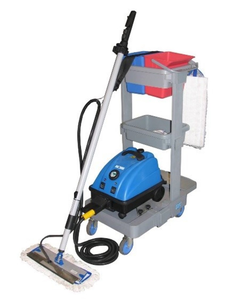 Powerful steam cleaner with janitorial trolley and steam mop